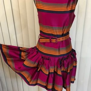 Marc by Marc Jacobs colorful sleeveless dress, belt and buckle, pleated bottom